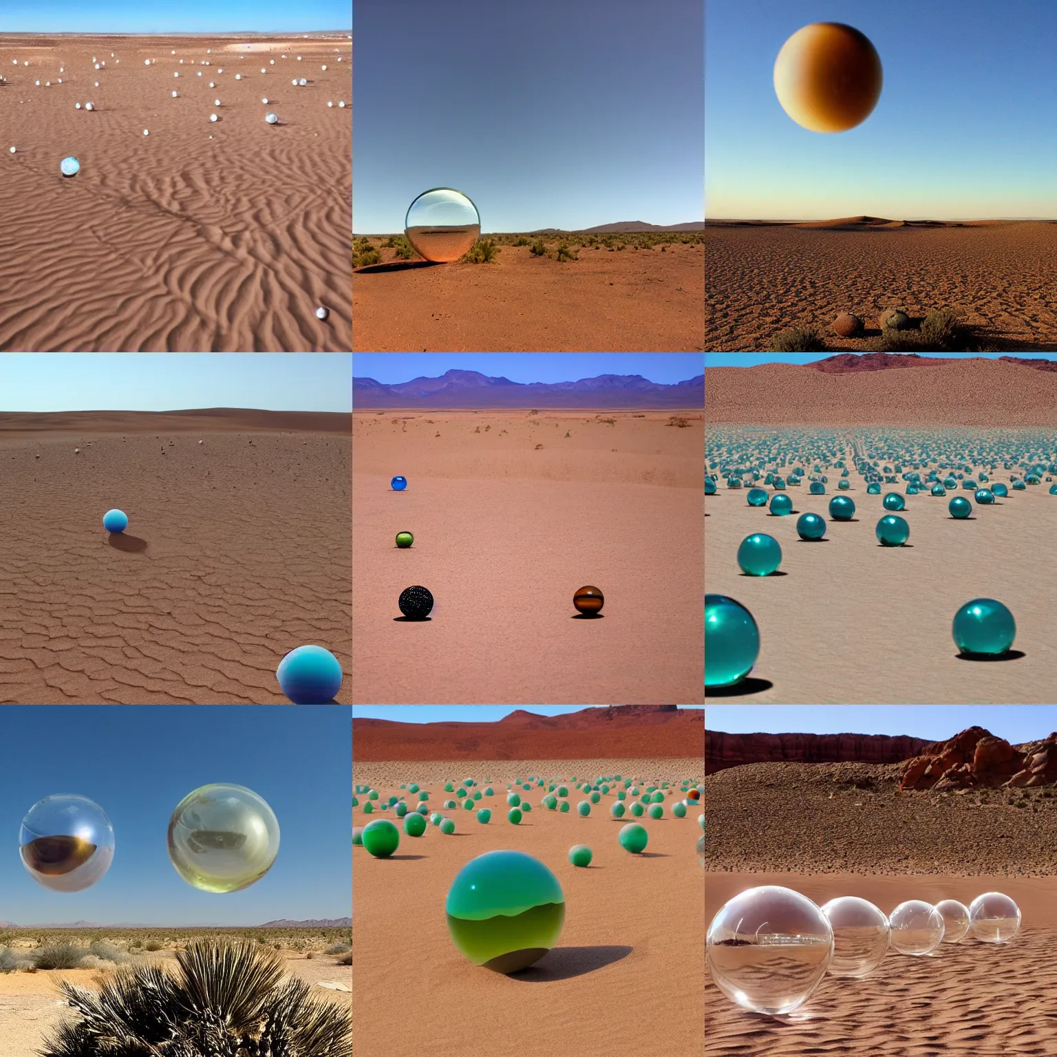 Prompt: of a desert filled with glass orbs