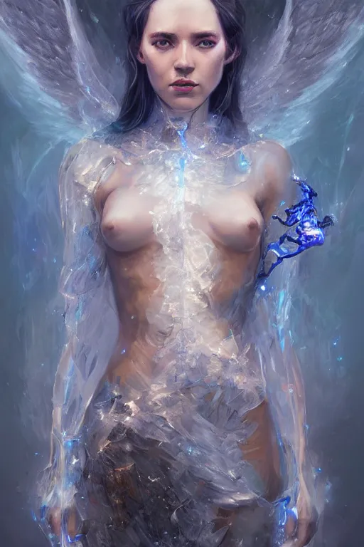 Prompt: torso of beautiful model wearing glass and ice dress, sorcerer, diamonds, angel, fantasy, dramatic lighting, highly detailed, digital painting, holding electricity, magic the gathering, hyper detailed, 3 d render, hyper realistic detailed portrait, peter mohrbacher, wlop, ruan jia