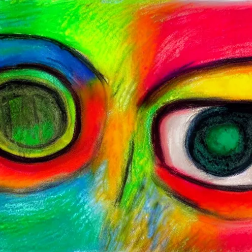 Image similar to colorful abstract minimalist painting of many human eyes. Oil pastel