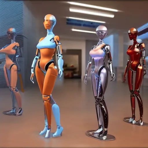 Prompt: store selling womanized humanoid robots made of steel, unreal engine 5, sharp focus