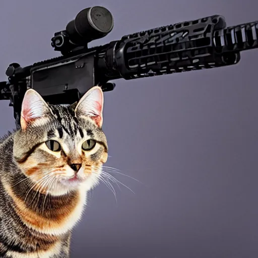 Prompt: Photo of an upright house cat with an AR15