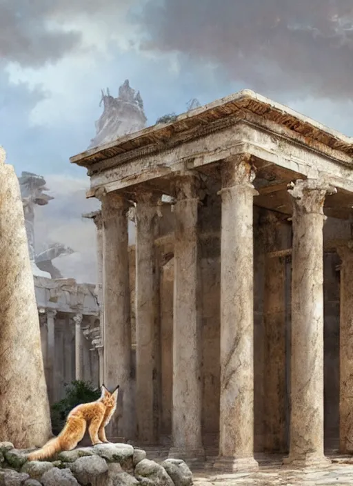 Image similar to hyper realistic fluffy caracal in ancient greek city, marble columns, temple, olive trees, atmospheric beautiful details, strong composition painted by kim jung giu weta studio rutkowski, james gurney and greg rutkowski, and lucasfilm