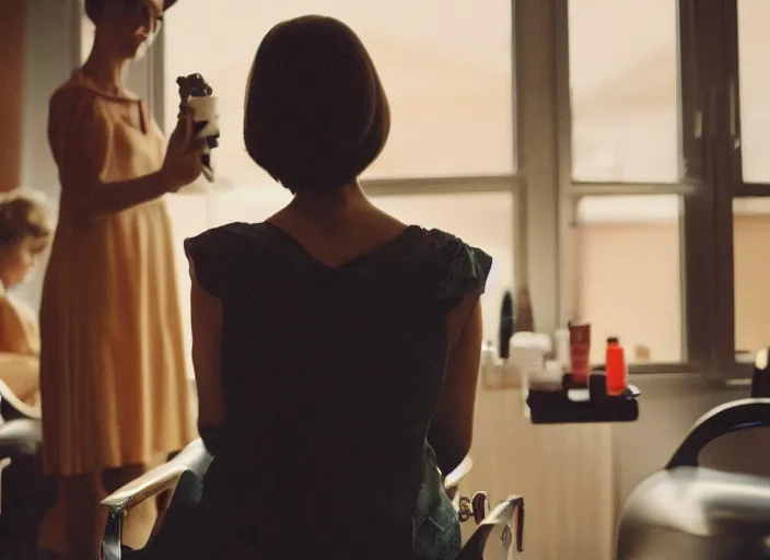 Image similar to a 3 5 mm photo from the back of a woman getting her hair done at the hairdresser in the 1 9 6 0 s, bokeh, canon 5 0 mm, cinematic lighting, dramatic, film, photography, golden hour, depth of field, award - winning, 3 5 mm film grain