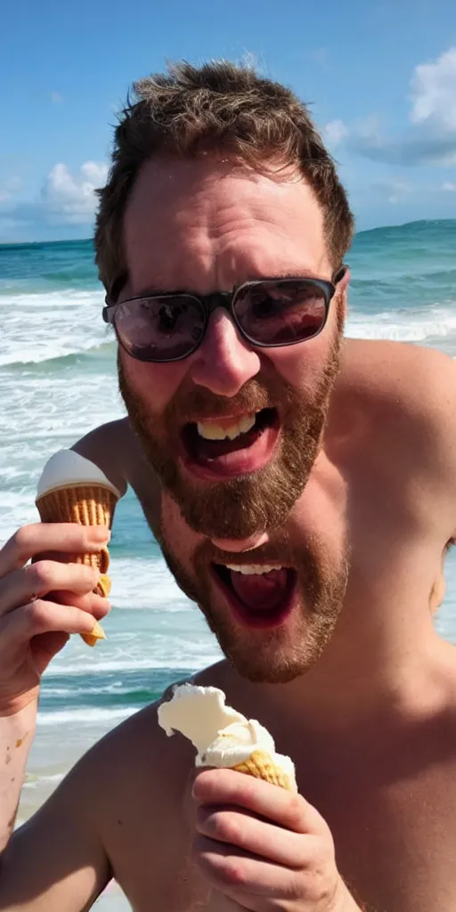 Image similar to a 3 0 year old british man eating ice cream at the beach