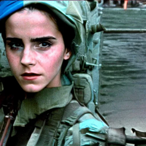 Image similar to film still, extreme far view, emma watson vietnam door gunner, film still from apocalypse now ( 1 9 7 9 ), 2 6 mm, kodak ektachrome, blue tint expired film,