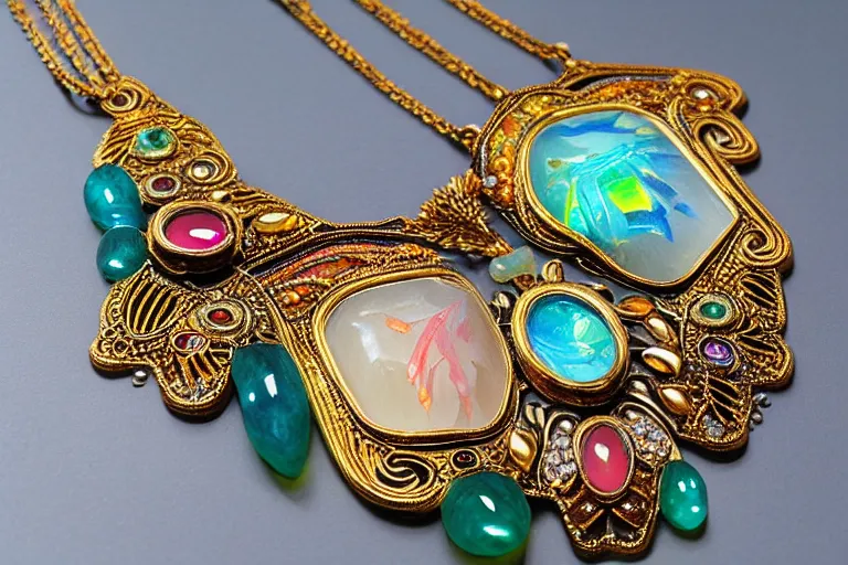 Image similar to highly detailed oil painting, very realistic gemstones, symmetrical, art nouveau, ornate, delicate, brilliant colors of the sea gemstone necklace, dramatic light,