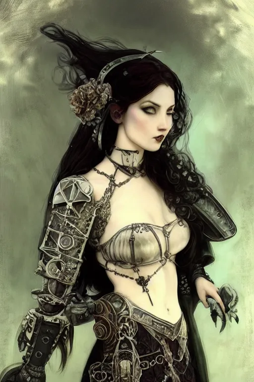 Image similar to beautiful and gothic and victorian and evil and dieselpunk medieval female armor portrait like lisa blackpink+smoky eyes+front face with light flowing hair, ultradetail face, ruined ancient Agora of Athens, art and illustration by tian zi and craig mullins and WLOP and alphonse mucha, ssci-fi, fantasy, neon lights reflect, intricate complexity, human structure, fantasy character concept, watermark, blurry, hyperrealism 8k