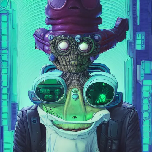 Image similar to pickle rick sanchez cyberpunk portrait by gaston bussierre and charles vess and james jean and erik jones and rhads, inspired by ghost in the shell, beautiful fine face features, intricate high details, sharp, ultradetailed