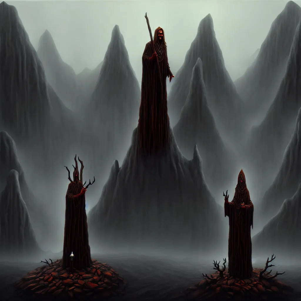 Prompt: evil druid ritual, wooden statue, dark mountain background, a detailed matte painting, fantasy, foggy, grim, dark, oil on canvas