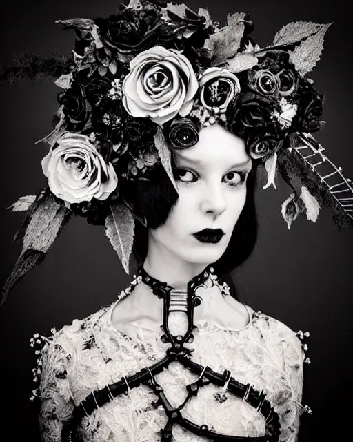 Image similar to surreal dark poetic black and white photo portrait of complex bio-mechanical beautiful young silver female vegetal-cyborg with a fur metal fine lace face, a very long neck and a fine metal floral foliage super big gothic lace collar and high floral crown by Vivienne Westwood:: smoke, high fashion, haute couture, rococo, avant-garde, dry black roses, silver filigree details, anatomical, facial muscles, cable wires, microchip, elegant, dreamy, foggy atmosphere, hyper realistic, 150 mm lens, soft rim light, octane render, unreal engine, picture was taken in 1910 by Man Ray, volumetric lighting, dramatic light,8k,