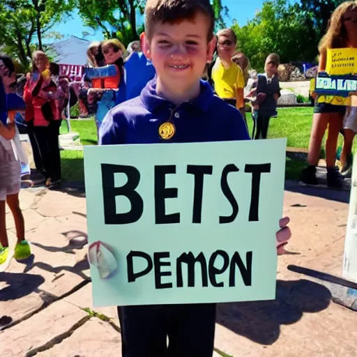 Image similar to award winning photo of the spelling bee champion holding a sign that says best speller