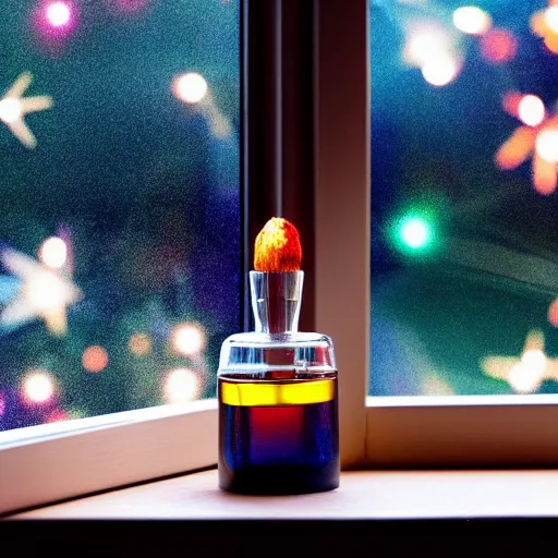 Prompt: perfume bottle on the window sill with fireworks and stars in the background