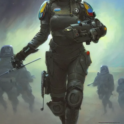 Image similar to Female Intergalactic combat paramedic on the battlefield as full-body Sci-Fi art by Donato Giancola and Bayard Wu, digital art, trending on artstation