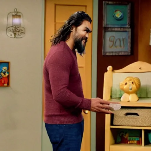 Image similar to a still image of jason momoa as mr. rogers