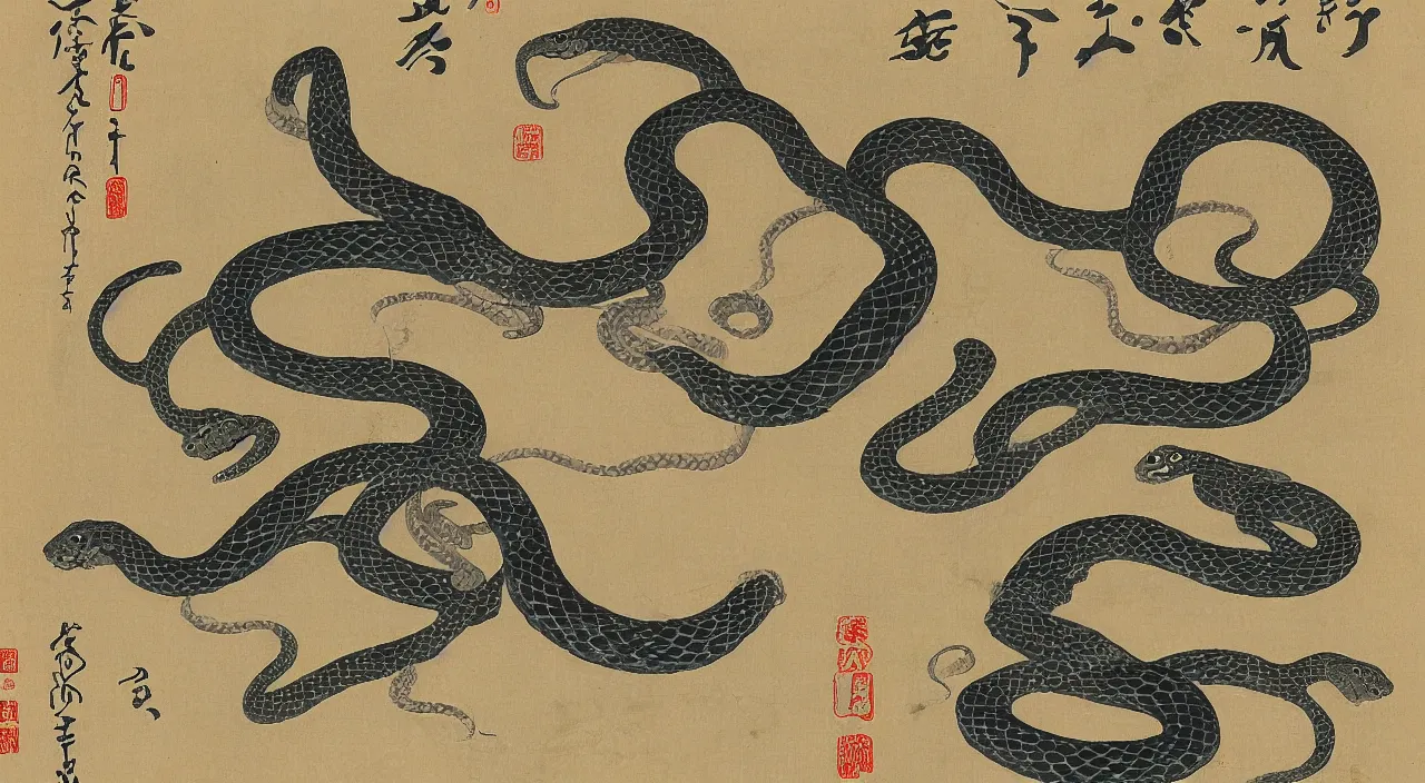 Prompt: a snake approaching a human by oi, katsushika