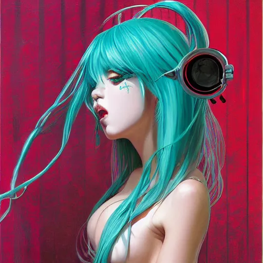 Image similar to a beautiful portrait of hatsune miku with long black and deep red colored hair dressed as a 1 9 6 0 s go - go dancer, intricate, elegant, highly detailed, digital painting, artstation, concept art, matte, sharp focus, illustration, art by greg rutkowski and alphonse mucha