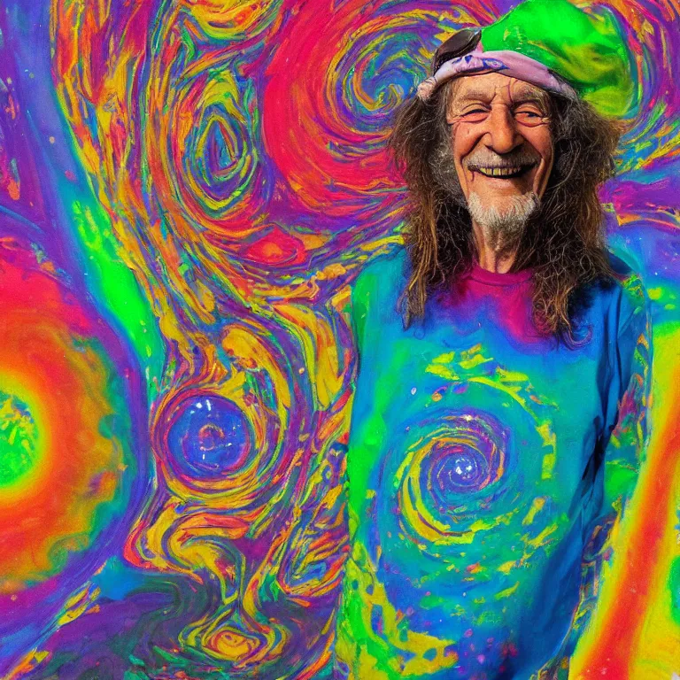 Prompt: colorful portrait photograph of a smiling aging hippy wearing a spiral galaxy for a shirt, intense color photograph by william eggleston, shocking detail realism cosmic trending on artstation 8 k