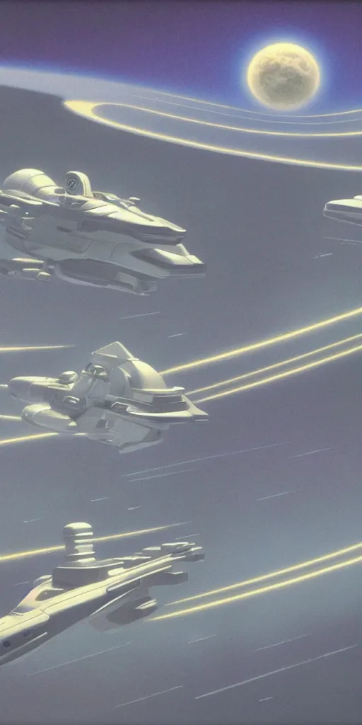 Image similar to futuristic skyline, spaceship, two moons, Ralph McQuarrie