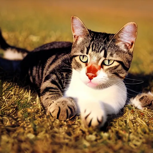 Image similar to a cat with a sausage : : photorealistic : : 1 sunlight : : 1 telephoto lens : : 1 coquelicot color : : 1 dof