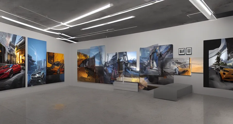 Prompt: a gallery exhibition, photographs of cars on the walls, exhibition, show, vibrant scene, volumetric lighting, environment concept, hyper realistic, 8 k render, unreal engine 5 render