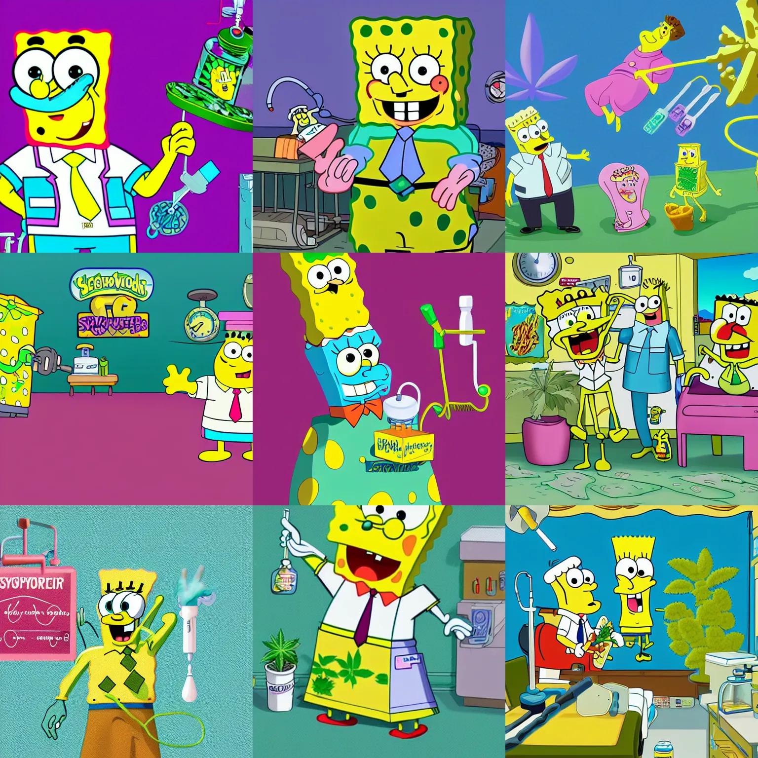 Prompt: spongebob squarepants at the hospital in patient gown, syringes, Intravenous Cannulation Periprocedural Care, marijuana greenery, digital art