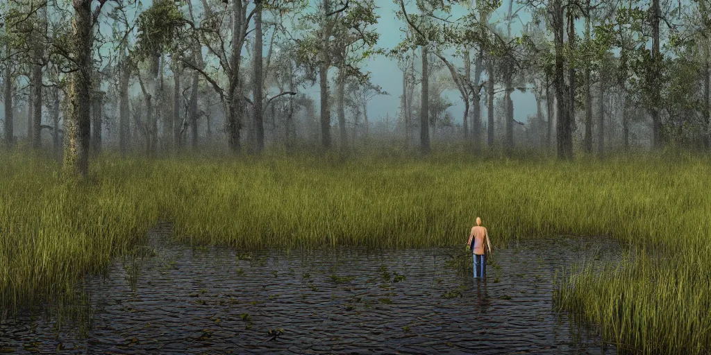 Prompt: A swampy wetland with a man walking through the swamp. Digital art, detailed. Realistic.