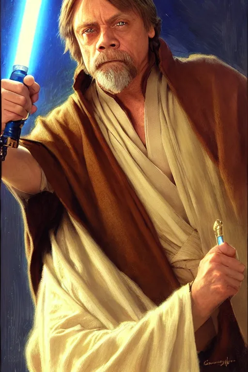 Prompt: detailed portrait of a mark hamill dressed as jedi, painting by gaston bussiere, craig mullins, j. c. leyendecker