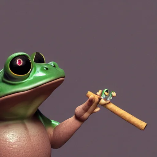 Image similar to a high quality photo of an antropomorphic frog wearing a suit smoking a cigar, 3d scene, render, ultra realistic, artstation, cgsociety