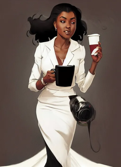 Image similar to detailed digital painting of beautiful black woman in corporate attire holding a cell phone and steaming coffee mug, fanart behance trending on artstation, concept art, matte, sharp focus, illustration, corner office background, art by artgerm and greg rutkowski and alphonse mucha