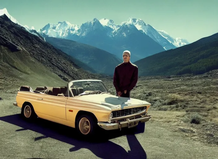 Image similar to a very high resolution image from a new movie, eminem driving a car. mountains, directed by wes anderson