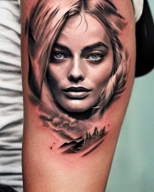 Image similar to creative double exposure effect tattoo design sketch of margot robbie face blended in beautiful mountain scenery, realism tattoo, in the style of matteo pasqualin, amazing detail, sharp