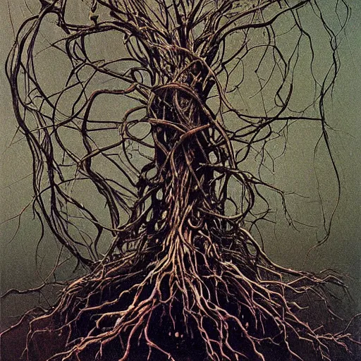 Image similar to ward - winning painting of pitch black, tar - like, shadow roots with lots of tendrils spreading everywhere, intricate detail, deep black roots, infestation, shadowy, lovecraftian, beksinski