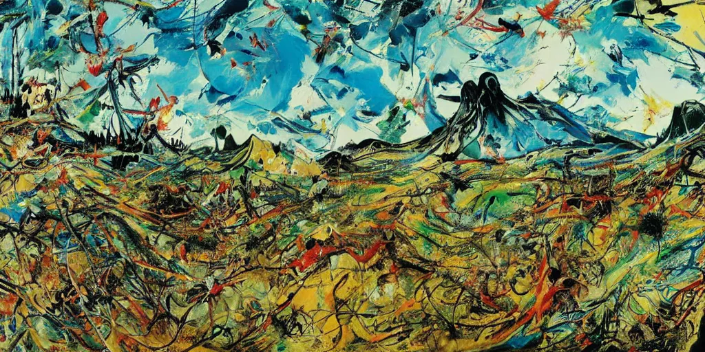 Image similar to a high quality professional 360 painting of a fantasy landscape by Jackson Pollock, detailed, elegant, intricate, 4k