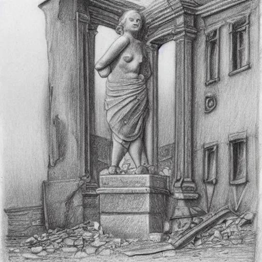 Prompt: The street is in ruins. A ruined statue. Fantasy. Pencil drawing