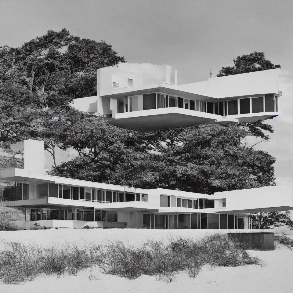 Prompt: architecture ad for a mid-century modern house on the beach, designed by Miles van der rohe. Film grain, cinematic, blue hue