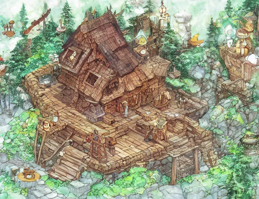 Image similar to cute and funny, a magicians cabin carved into a mountain, centered award winning watercolor pen illustration, isometric illustration by chihiro iwasaki, edited by range murata, sharply focused