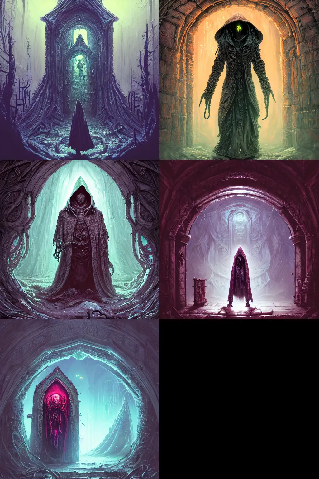 Prompt: extremely detailed intricate concept art of hooded necromancer in front of a lovecraft portal, wide - angle portrait photography, by android jones and greg rutkowski, synthwave color scheme, cinematic lighting, dark vibes, trending on artstation, beautiful composition, intricate, elegant, pro photography by, highly detailed