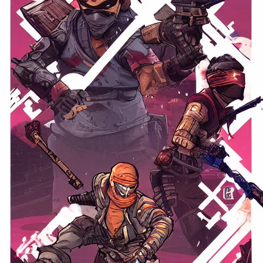 Prompt: ninja in the style of Borderlands, by Feng Zhu and Loish and Laurie Greasley, Victo Ngai, Andreas Rocha, John Harris