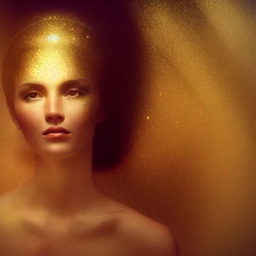 Image similar to dreamlike, portrait, goddess, golden shadows, light rays