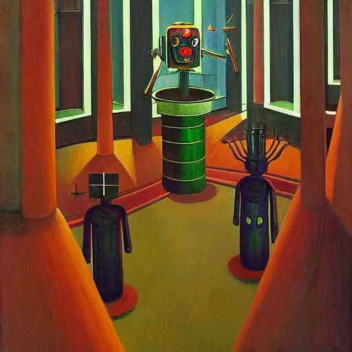 Image similar to robot druids in a grandiose atrium, grant wood, pj crook, edward hopper, oil on canvas