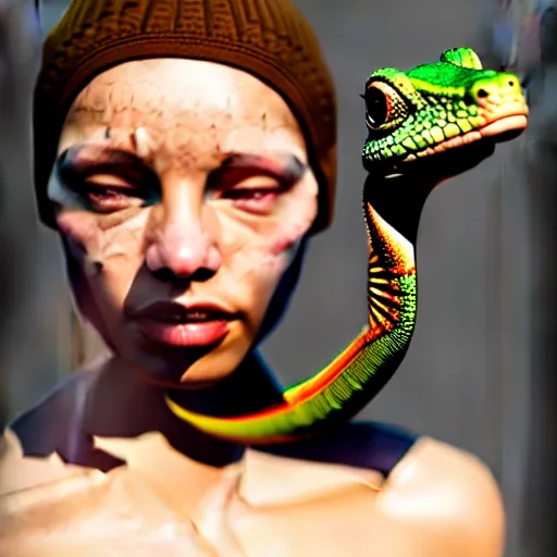 Image similar to beautiful humanized lizard - girl, full growth, studio shot in style, professional photographer, many details, super realistic, high quality, 8 k