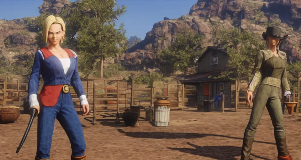 Image similar to Screenshot of Android 18 from DBZ in western attire in the videogame 'Red Dead Redemption 2' in a saloon environment. Sharpened. 1080p. High-res. Ultra graphical settings.