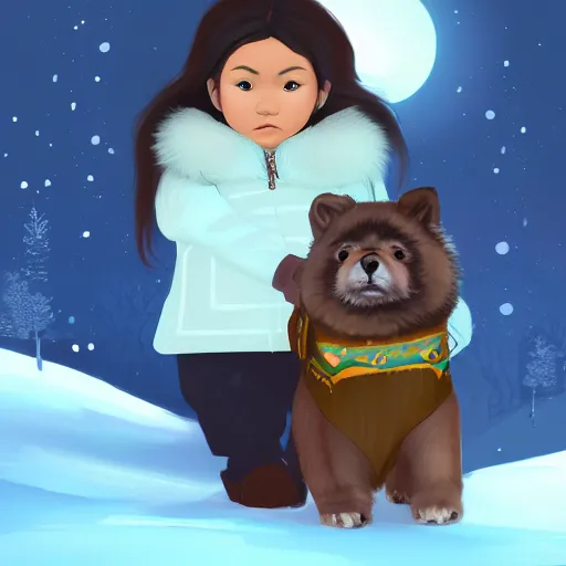 Image similar to a young inuit woman with chubby cheeks. she's wearing a winter coat and has a pet dog standing beside her. artstation, character concept, sharp focus