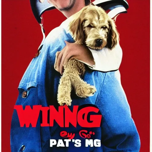 Image similar to a 8 0's movie poster about a guy and his dog. they are pilots it's called wing and a paw