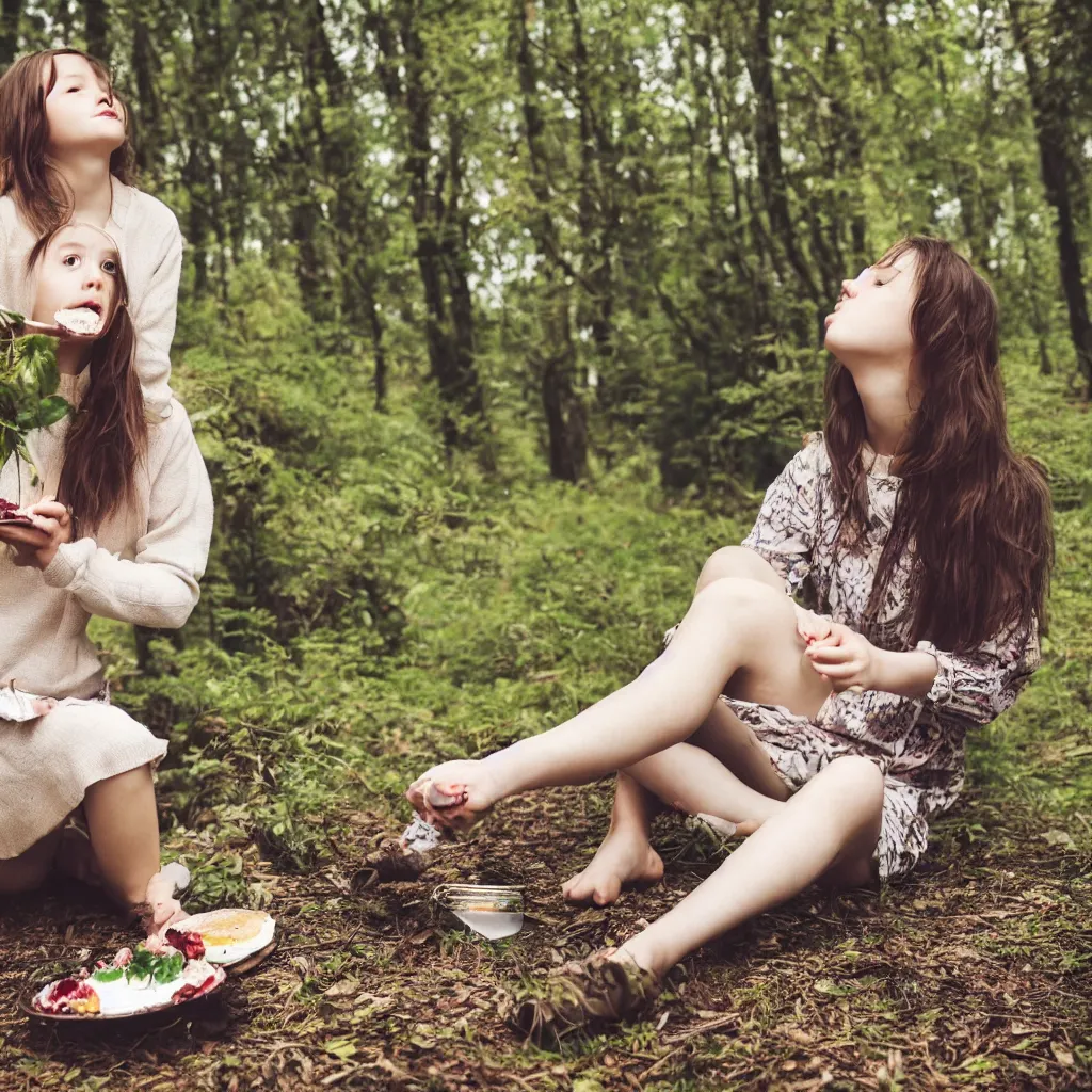 Image similar to a girl sitting in a forest, girl eating a piece of cake, sunny day, windy day, girl with clear beautiful face