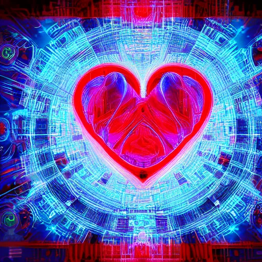 Prompt: heart of code, retouched with photoshop, edited, vivid blue and red hues, artistic, high detail