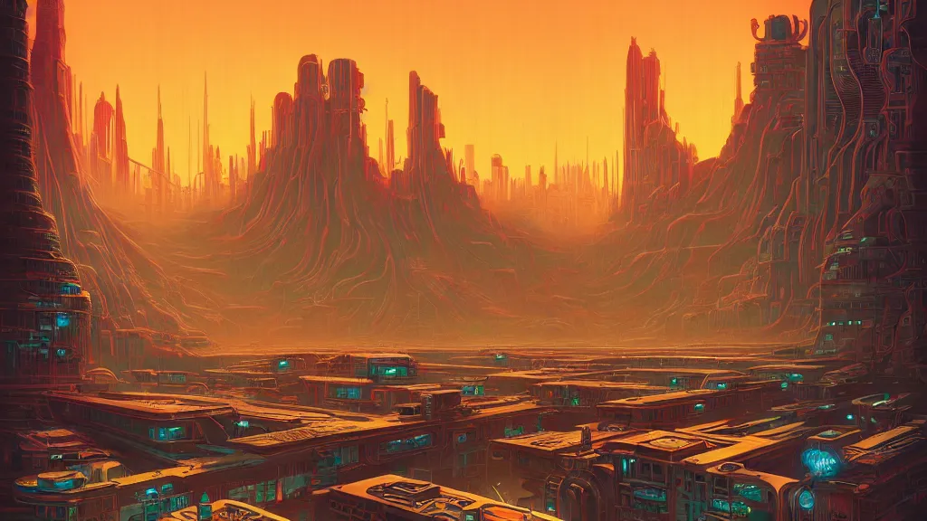 Prompt: retro robot city at the other side of nowhere, sharp digital painting. dreaming latent space. concept art. artstation. casey weldon. digital render. dan mumford. clean retro. bruce pennington.