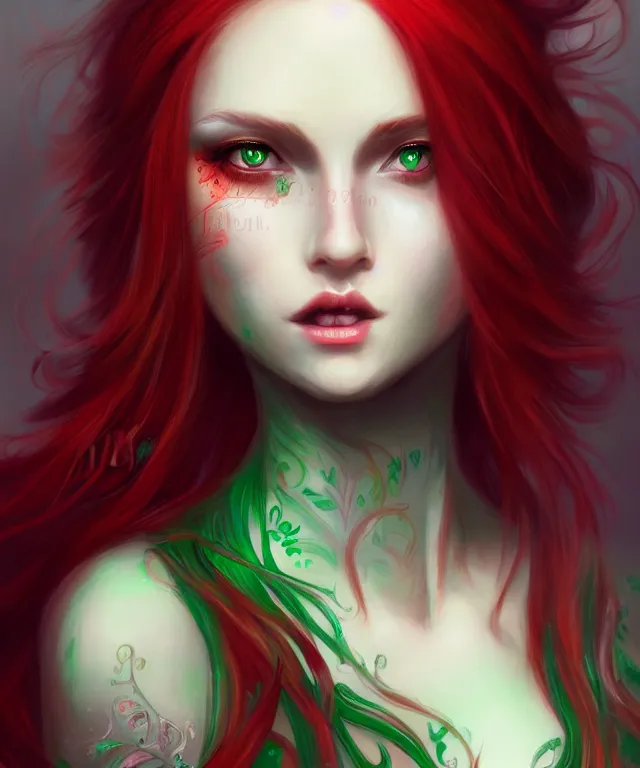 Image similar to Fae teenage girl, portrait, face, long red hair, green highlights, fantasy, intricate, elegant, highly detailed, digital painting, concept art, smooth, sharp focus, illustration