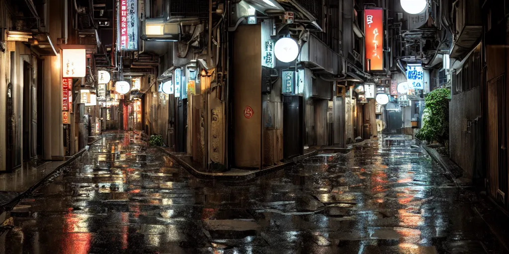 Prompt: quiet tokyo alley at night, raining, dim volumetric lighting, 8 k octane render, hdr, postprocessing, hyperdetailed, intricate, epic composition, cinematic lighting, masterpiece, street photography