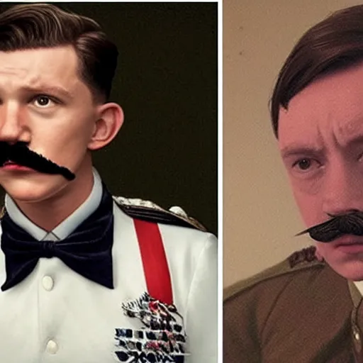 Prompt: tom holland as adolf hitler with short mustache